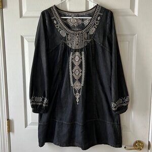 Monoreno Black Denim Dress Embroidered Mini or Tunic Dress, Sz‎ Small